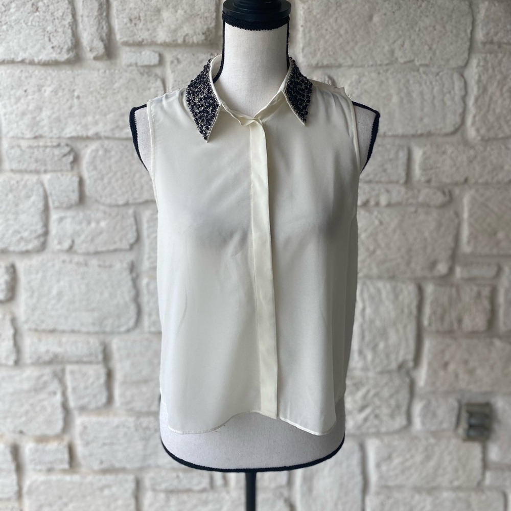 Alice & Olivia Cream Sheer Sleeveless Black Rhinestone CollarTop Sz S NWT